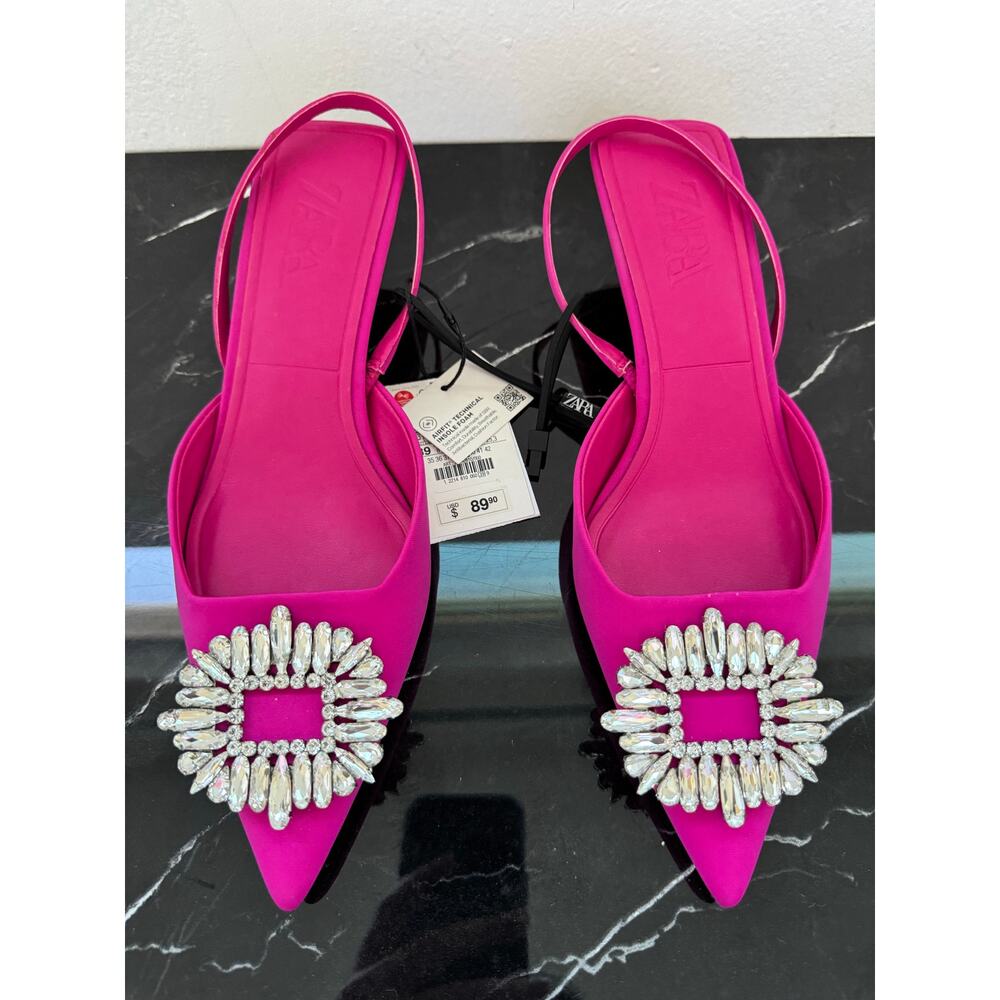 Zara Hot Pink Rhinestone Buckle Pointed Toe Slingback Kitten Heel